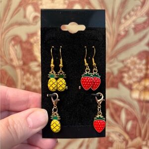 New 6pc set Pineapple and Strawberry Earrings w matching charms kids too!